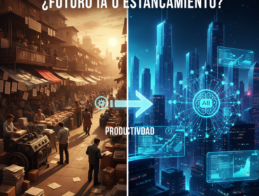 Imagen dividida en dos: a la izquierda un entorno productivo tradicional y manual que representa baja productividad, y a la derecha una ciudad digital futurista con inteligencia artificial y analítica avanzada. Una flecha central indica que la productividad es el puente entre ambos escenarios.