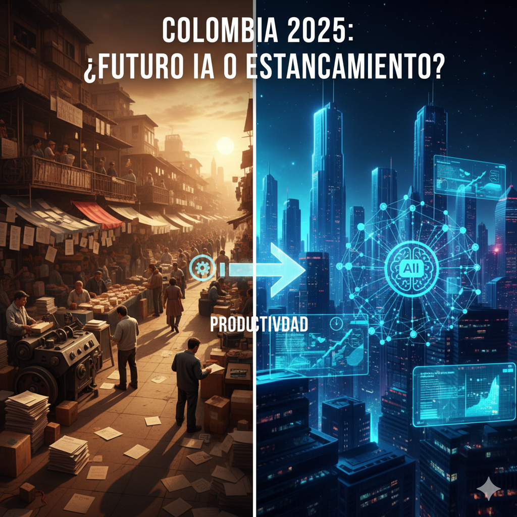 Imagen dividida en dos: a la izquierda un entorno productivo tradicional y manual que representa baja productividad, y a la derecha una ciudad digital futurista con inteligencia artificial y analítica avanzada. Una flecha central indica que la productividad es el puente entre ambos escenarios.
