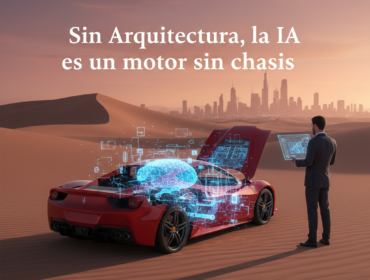 Ferrari rojo en el desierto con el capó abierto mostrando un cerebro digital de inteligencia artificial y un ejecutivo revisando datos frente a una ciudad futurista