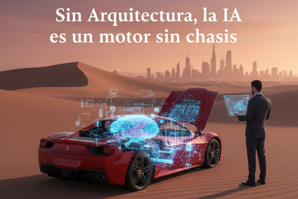 Ferrari rojo en el desierto con el capó abierto mostrando un cerebro digital de inteligencia artificial y un ejecutivo revisando datos frente a una ciudad futurista