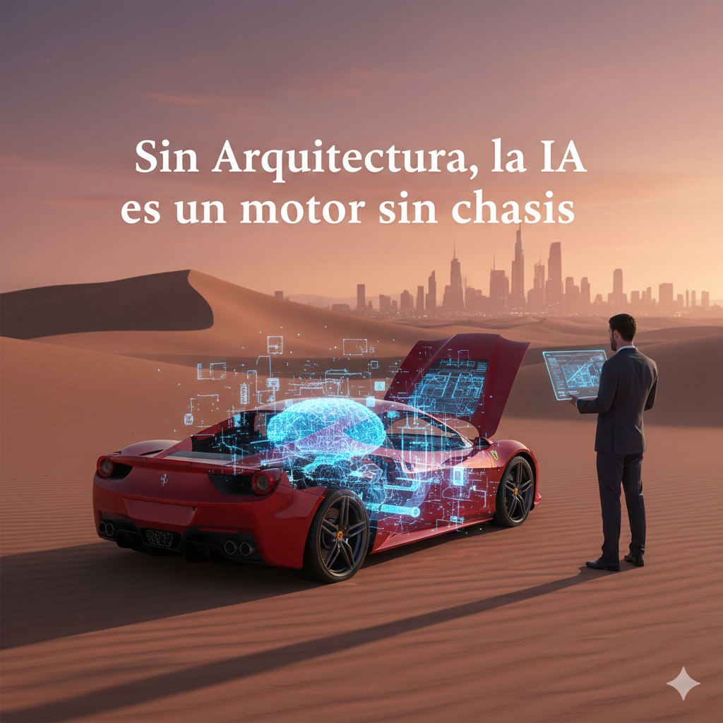 Ferrari rojo en el desierto con el capó abierto mostrando un cerebro digital de inteligencia artificial y un ejecutivo revisando datos frente a una ciudad futurista