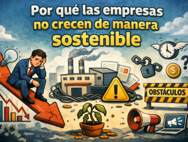 Ilustración de empresario preocupado sobre una gráfica en caída rodeado de obstáculos operativos y financieros que impiden el crecimiento sostenible de una empresa.