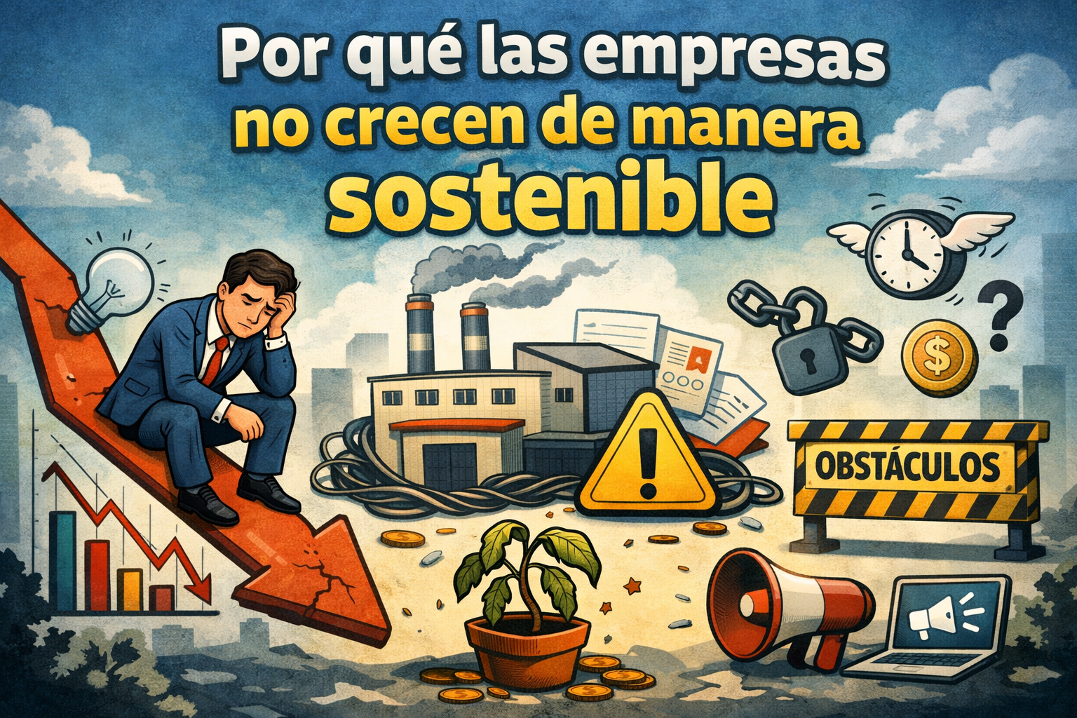Ilustración de empresario preocupado sobre una gráfica en caída rodeado de obstáculos operativos y financieros que impiden el crecimiento sostenible de una empresa.