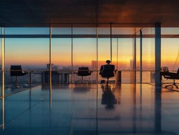 Oficina ejecutiva corporativa al atardecer con pared de vidrio fragmentada simbolizando brechas en el sistema de ingresos empresariales