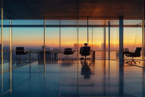 Oficina ejecutiva corporativa al atardecer con pared de vidrio fragmentada simbolizando brechas en el sistema de ingresos empresariales