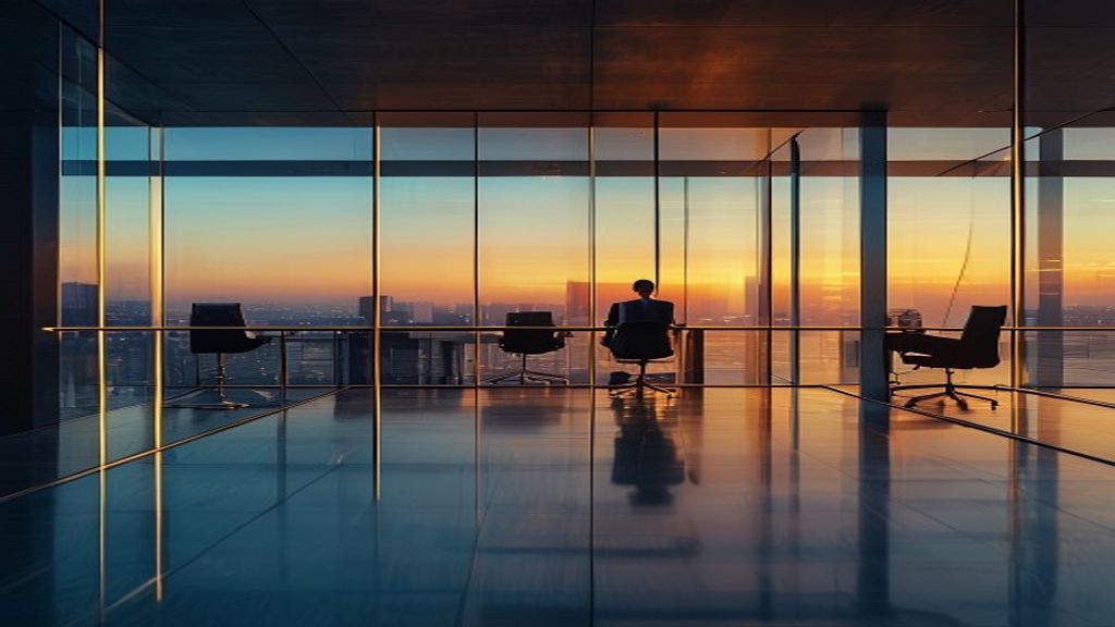 Oficina ejecutiva corporativa al atardecer con pared de vidrio fragmentada simbolizando brechas en el sistema de ingresos empresariales